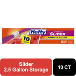 Hefty Slider jumbo 2.5 gallon retail packaging banner showing slider zipper, watermelon image and a 10 count callout
