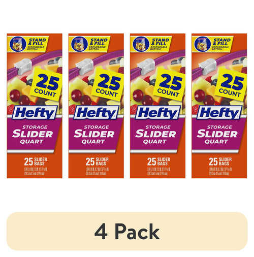 Four Hefty Slider Quart box fronts in a row showing 25 count branding and colorful fruit graphics on white background.