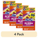 Four Hefty Storage Slider Quart value-pack boxes shown fanned with a 50 count badge and '4 Pack' label.