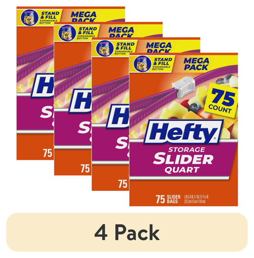 Four Hefty Slider Quart Mega Pack boxes with 75 count label arranged together on a white background.