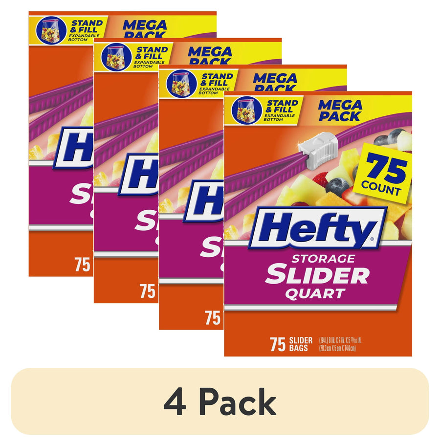 Four Hefty Slider Quart Mega Pack boxes with 75 count label arranged together on a white background.