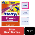 Hefty Slider Quart product box with 75 count callout and size icons for quart, half gallon, and gallon.