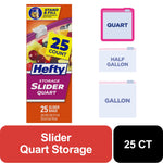 Single Hefty Slider Quart box front next to icons for quart, half gallon and gallon sizes with product callouts.