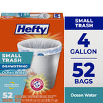 Hefty product box front showing a small trash can with drawstring bag, '4 gallon' and '52 bags' Ocean Water label.