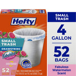 Hefty orange box showing a small 4-gallon trash bag in a silver wastebasket with Fabuloso watermelon graphics.