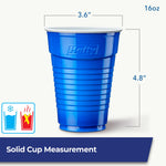 Solid blue Hefty 16oz plastic cup shown with measurement dimensions and icons indicating cold-use suitability