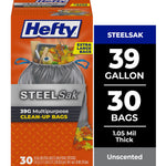 Hefty Steelsak retail box front showing gray trash bag graphic, 39 gallon and 30 bags text panel