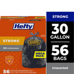 Hefty Strong orange retail box showing a black tied trash bag graphic, '30G multipurpose' and '56 bags' panel