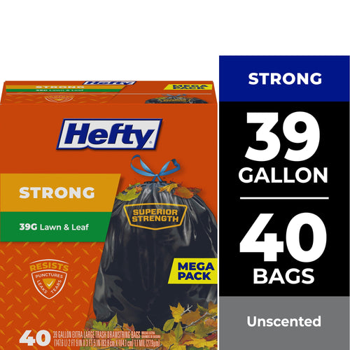 Hefty orange packaging showing a black trash bag with blue drawstring and bold panel reading '39 gallon 40 bags'