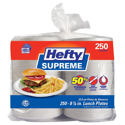 Clear pack of Hefty Supreme foam plates with visible logo and a plate showing a burger and fries, 250 count