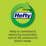 Green circular arrow logo with the Hefty wordmark and text about commitment to advancing sustainable end-of-life solutions for plastic waste.