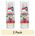 Two stacked Hefty clear plastic cup packs with Texas flag print labels, showing 25 cups and 18 fl oz on packaging.
