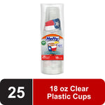 Single Hefty clear plastic cup pack with Texas print label displaying brand logo and 25 cups, 18 fl oz callouts.