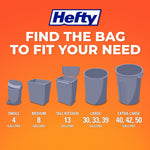 Hefty size guide graphic showing silhouettes of trash cans and gallon capacities to help find the right bag size
