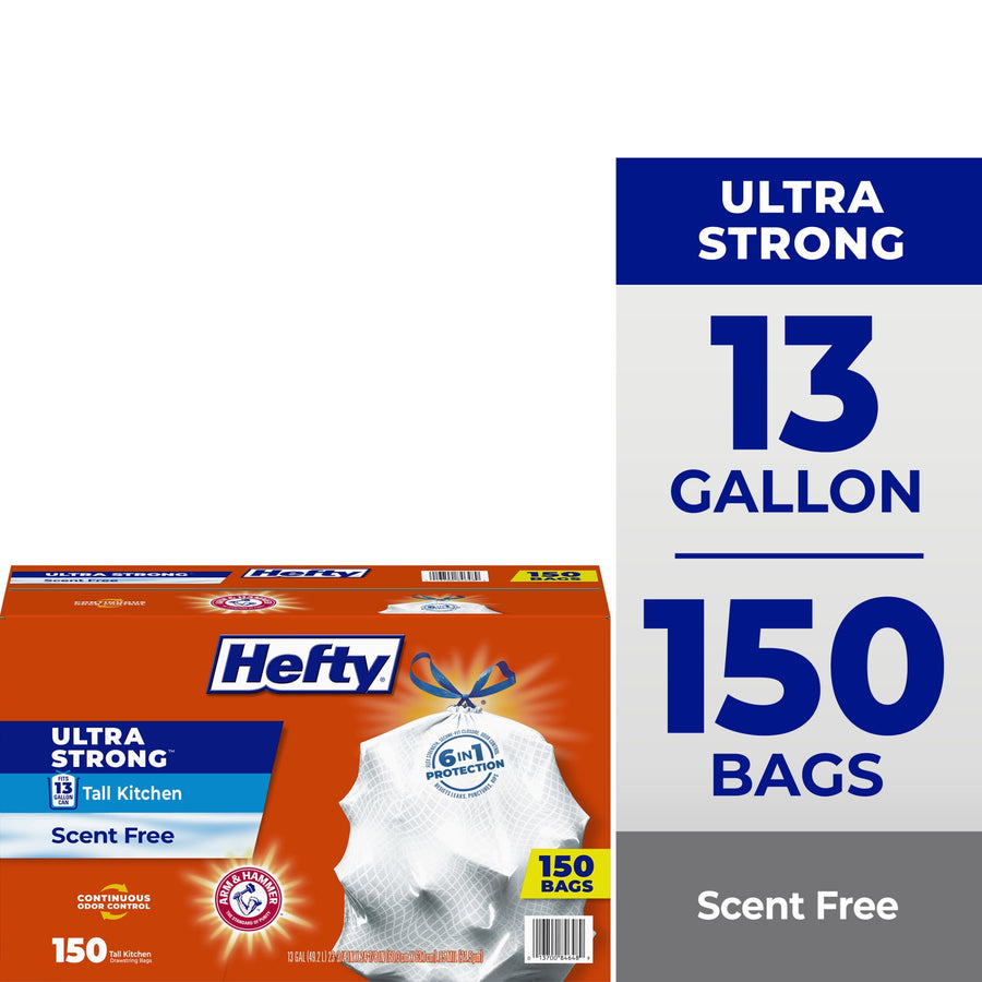 Hefty Ultra Strong orange box with 13 gallon and 150 bags callouts and white drawstring bag graphic