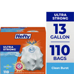 Hefty Ultra Strong orange and blue box showing a tied white trash bag with 13 gallon and 110 bags callouts