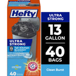 Front-facing Hefty product box showing a black tied trash bag over a can and bold 13 gallon / 40 bags branding