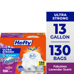 Front-facing Hefty box with Fabuloso lavender branding and 13 gallon/130 bags callouts