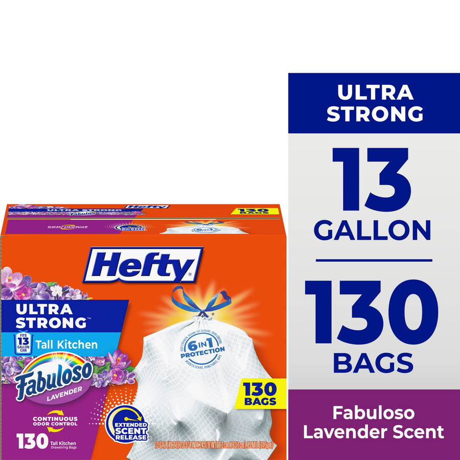 Front-facing Hefty box with Fabuloso lavender branding and 13 gallon/130 bags callouts