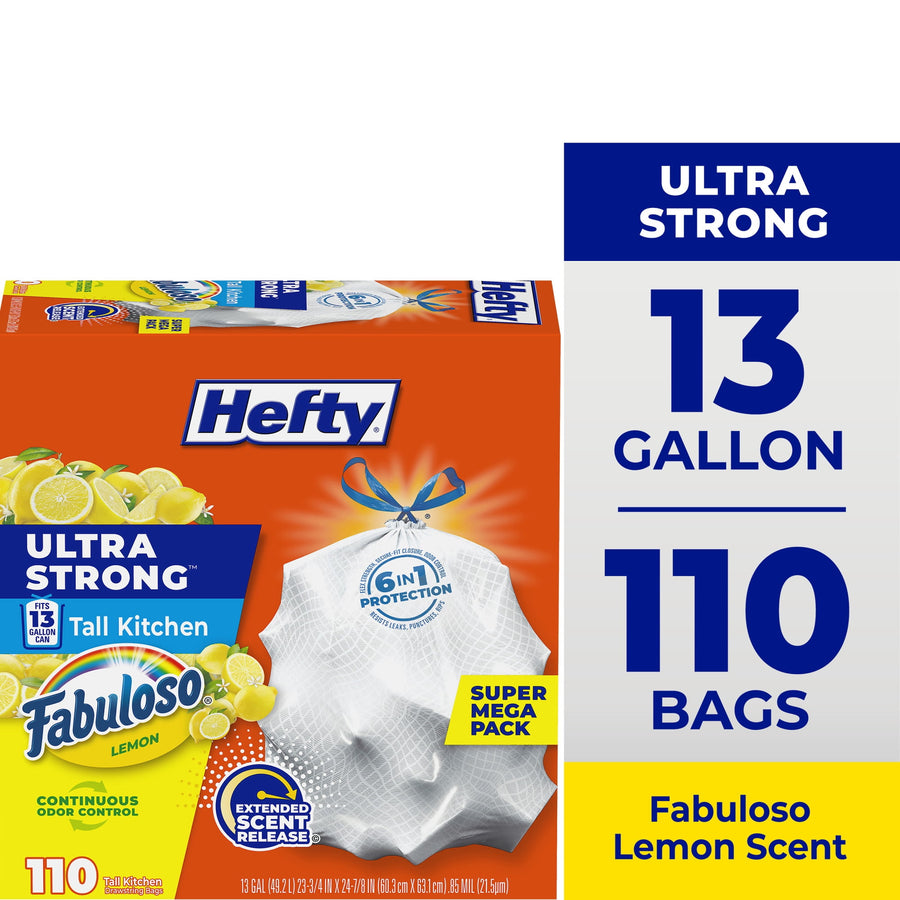 Close-up of Hefty orange box showing 13 gallon, 110 bags, Ultra Strong and Fabuloso lemon scent branding