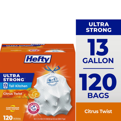 Hefty Ultra Strong orange box showing 13 gallon and 120 bags, with drawstring-tied white trash bag and citrus graphic