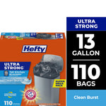 Hefty orange and blue package showing Ultra Strong 13 gallon trash bags with a trash can image and 110 bags callout.
