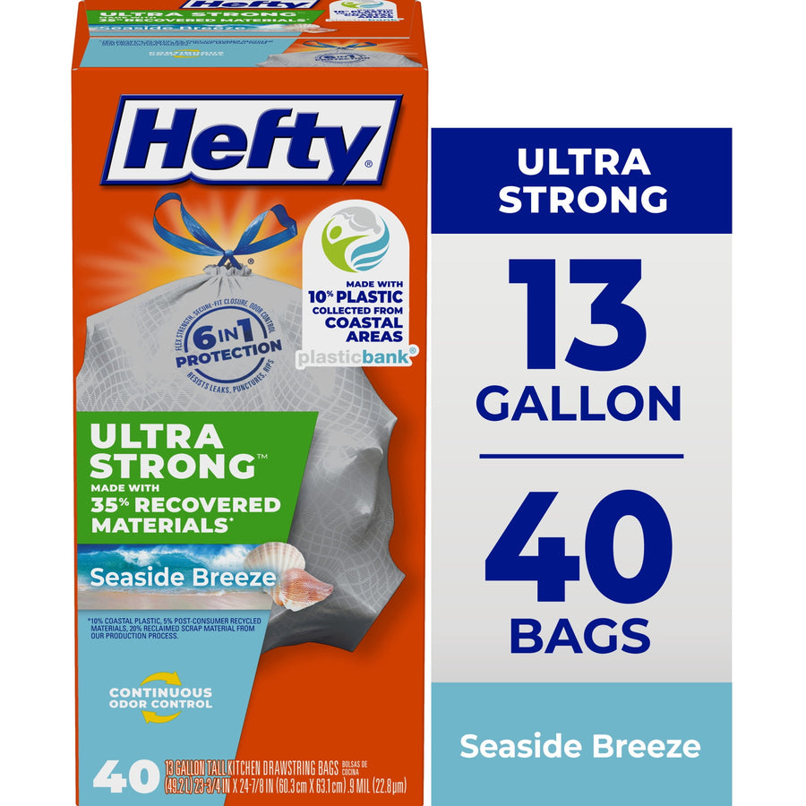 Front-facing Hefty Ultra Strong 13-gallon trash bag box with seaside breeze branding and large '13 gallon 40 bags' panel