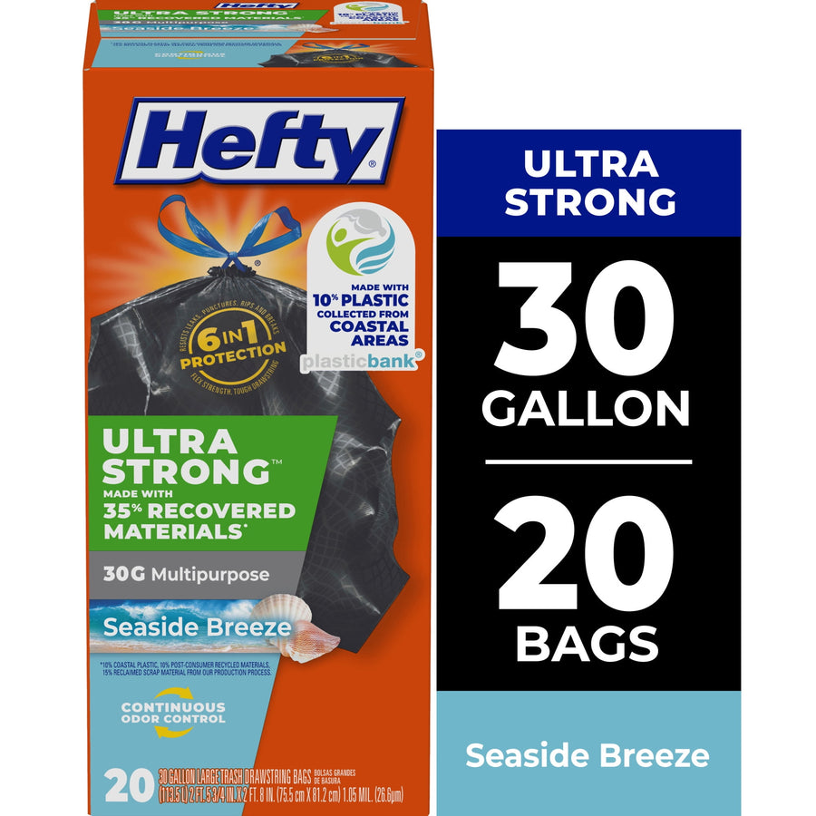 Front-of-box packaging for Hefty Ultra Strong 30 gallon trash bags with bold branding and product callouts