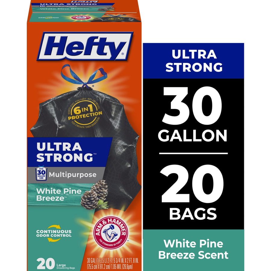 Hefty Ultra Strong 30 gallon trash bags retail box showing black bag image, 30 gallon and 20 bags callouts