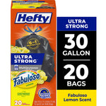 Hefty orange retail box showing a tied black trash bag, large '30 gallon' and 'Fabuloso lemon' branding and product details.