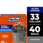 Hefty Ultra Strong 33 gallon trash bag box front showing black drawstring bag and product callouts on orange packaging