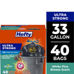 Hefty Ultra Strong orange box showing 33 gallon label, trash bag in bin and White Pine Breeze scent branding