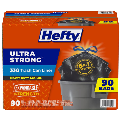 Hefty Ultra Strong 33G trash can liner retail box showing a tied black bag over a gray trash can and a yellow '90 bags' callout.