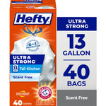 Bright orange Hefty Ultra Strong tall kitchen trash bag box showing 13 gallon and 40 bags callouts and a tied white bag illustration.