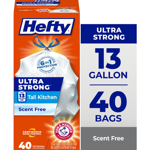 Bright orange Hefty Ultra Strong tall kitchen trash bag box showing 13 gallon and 40 bags callouts and a tied white bag illustration.