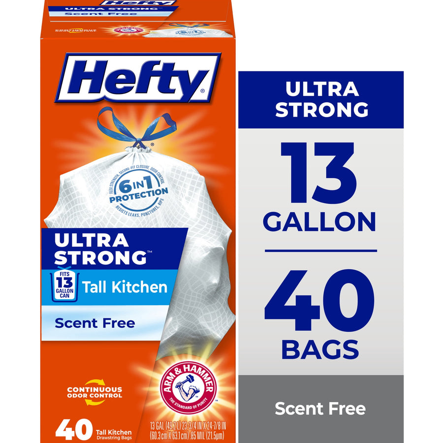 Bright orange Hefty Ultra Strong tall kitchen trash bag box showing 13 gallon and 40 bags callouts and a tied white bag illustration.