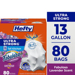 Hefty Ultra Strong 13-gallon tall kitchen trash bag box with Fabuloso lavender branding and product callouts