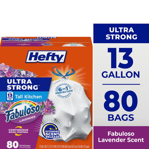 Hefty Ultra Strong 13-gallon tall kitchen trash bag box with Fabuloso lavender branding and product callouts