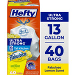 Hefty orange retail box showing Ultra Strong 13 gallon tall kitchen trash bags with Fabuloso lemon branding