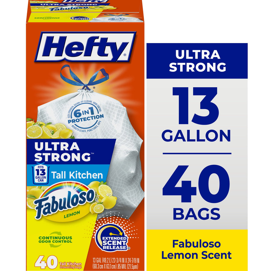 Hefty orange retail box showing Ultra Strong 13 gallon tall kitchen trash bags with Fabuloso lemon branding