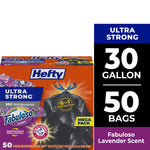 Hefty Ultra Strong 30 gallon trash bag mega pack box with Fabuloso lavender branding and black bag image