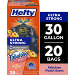 Hefty Ultra Strong 30 gallon black trash bag packaging with Fabuloso peach scent branding and product callouts