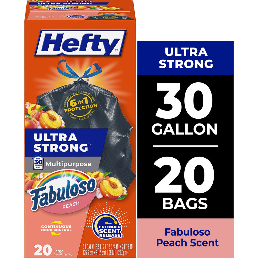 Hefty Ultra Strong 30 gallon black trash bag packaging with Fabuloso peach scent branding and product callouts