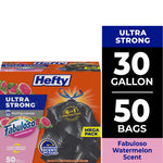 Hefty Ultra Strong 30 gallon trash bags box with Fabuloso watermelon branding and a black drawstring bag image