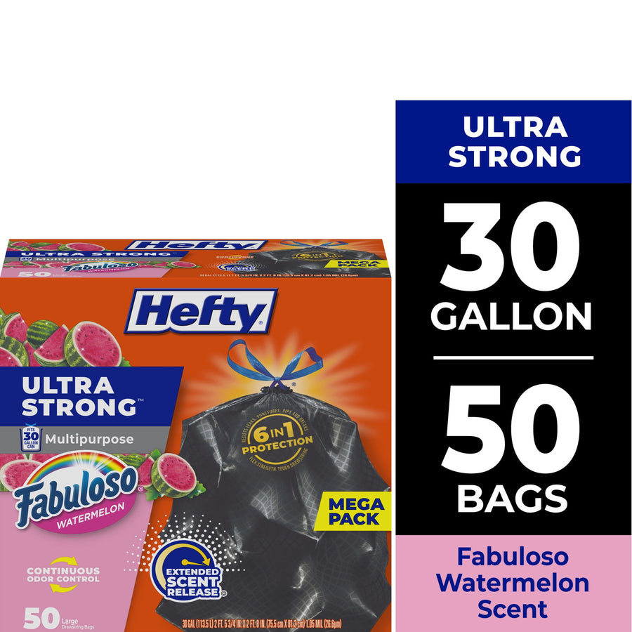 Hefty Ultra Strong 30 gallon trash bags box with Fabuloso watermelon branding and a black drawstring bag image