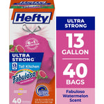 Hefty Ultra Strong pink tall kitchen trash bag box showing Fabuloso watermelon branding and 13 gallon/40 bags panel
