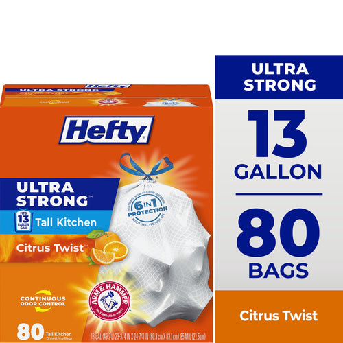 Hefty Ultra Strong orange packaging showing 13 gallon label, 80 bags callout and citrus imagery on box.