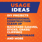 Orange infographic panel titled 'Usage Ideas' listing DIY projects, construction clean up, backyard leaves and moving/storage