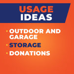 Orange infographic panel titled 'USAGE IDEAS' listing outdoor and garage, storage, and donations.