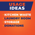 Orange infographic panel titled Usage Ideas listing kitchen waste, laundry room, storage, and donations as suggested uses